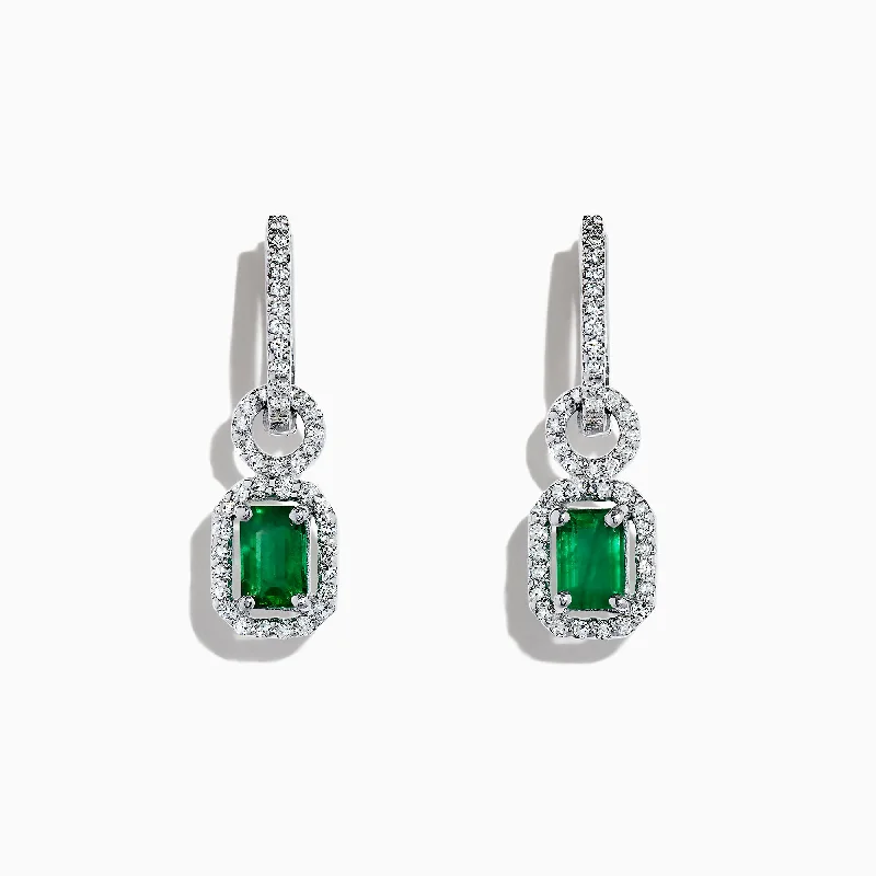 Ladies Bird Earrings -Brasilica 14K White Gold Emerald and Diamond Drop Earrings, 1.47 TCW