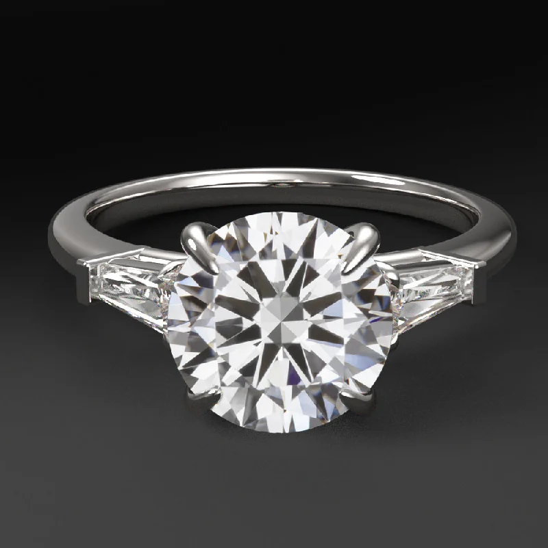 Timeless Engagement Rings -2ct LAB CREATED DIAMOND ENGAGEMENT RING 3 STONE ROUND CUT BAGUETTE WHITE GOLD