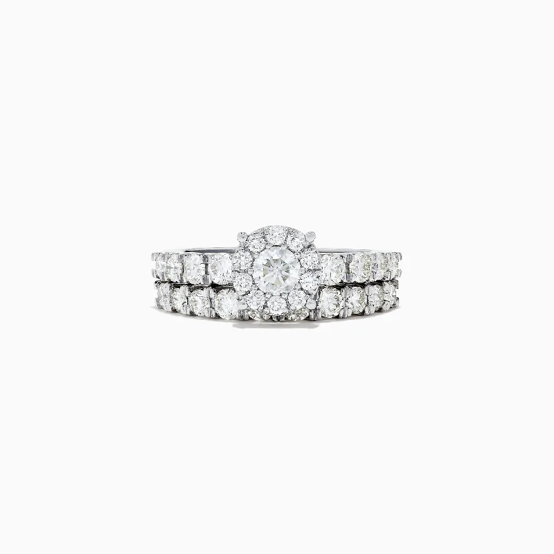 pave set women's rings -Bridal 14K White Gold Diamond Cluster Ring and Band Set, 1.77 TCW