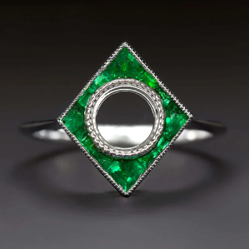 Rustic Engagement Rings -EMERALD 6.4mm ROUND ENGAGEMENT RING SETTING MOUNT ART DECO STYLE CALIBRE CUT