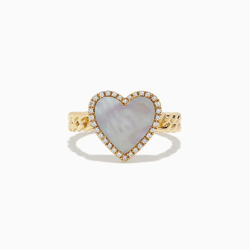 gold-plated women's rings -Novelty 14K Yellow Gold Mother of Pearl and Diamond Heart Ring