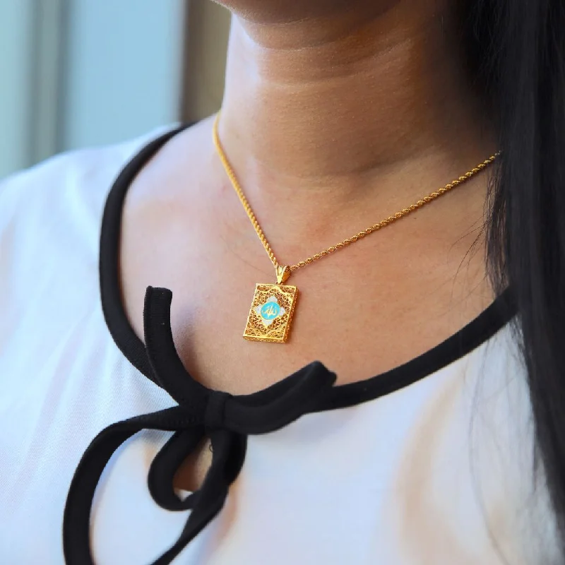 Ladies Timeless Necklaces -figaro chain necklaces -Gold Necklace (Chain With Rectangle Shaped Allah Pendant) 21KT - FKJNKL21KM9942