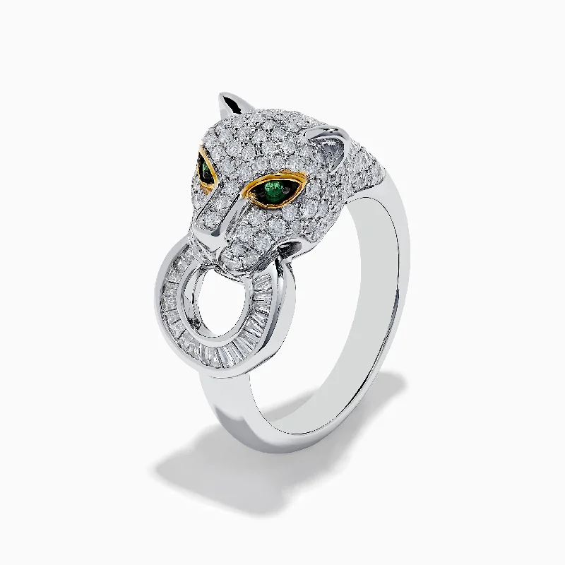 knuckle women's rings -14k Signature White Gold Diamond & Emerald Panther Ring