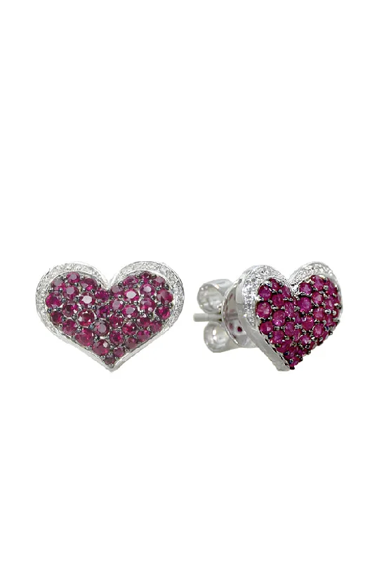 Ladies Urban Earrings -14K White Gold Ruby and Diamond Heart Earrings, 1.00 TCW