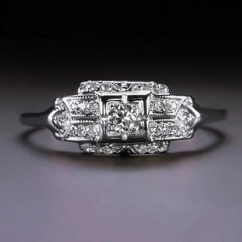 Cluster Diamond Engagement Rings -ART DECO DIAMOND COCKTAIL RING 18k WHITE GOLD OLD CUT VINTAGE ENGAGEMENT 1920s