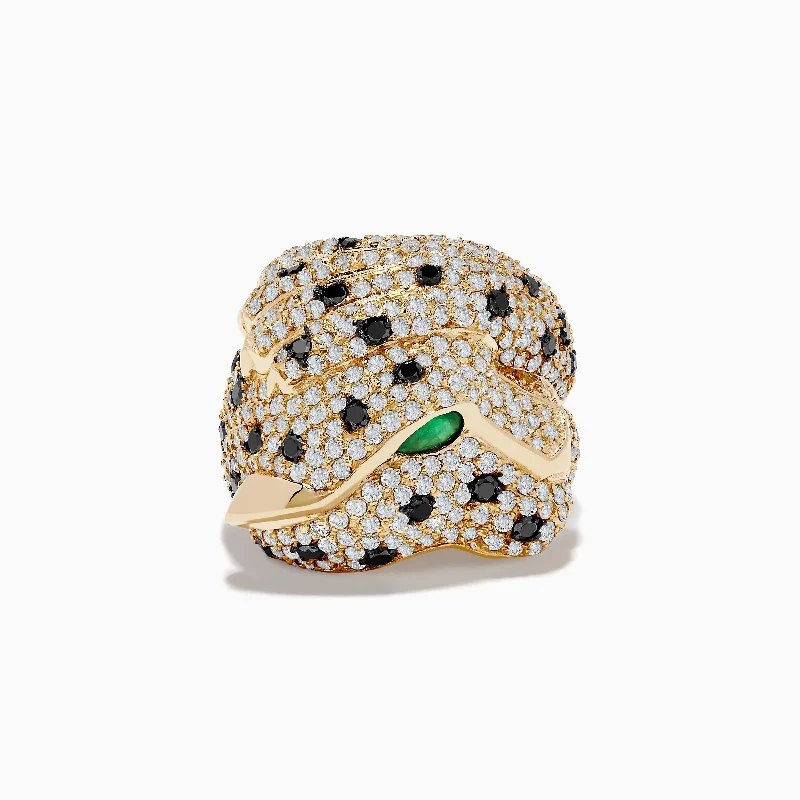 non-tarnish women's rings -Signature 14K Yellow Gold Emerald, Black and White Diamond Ring