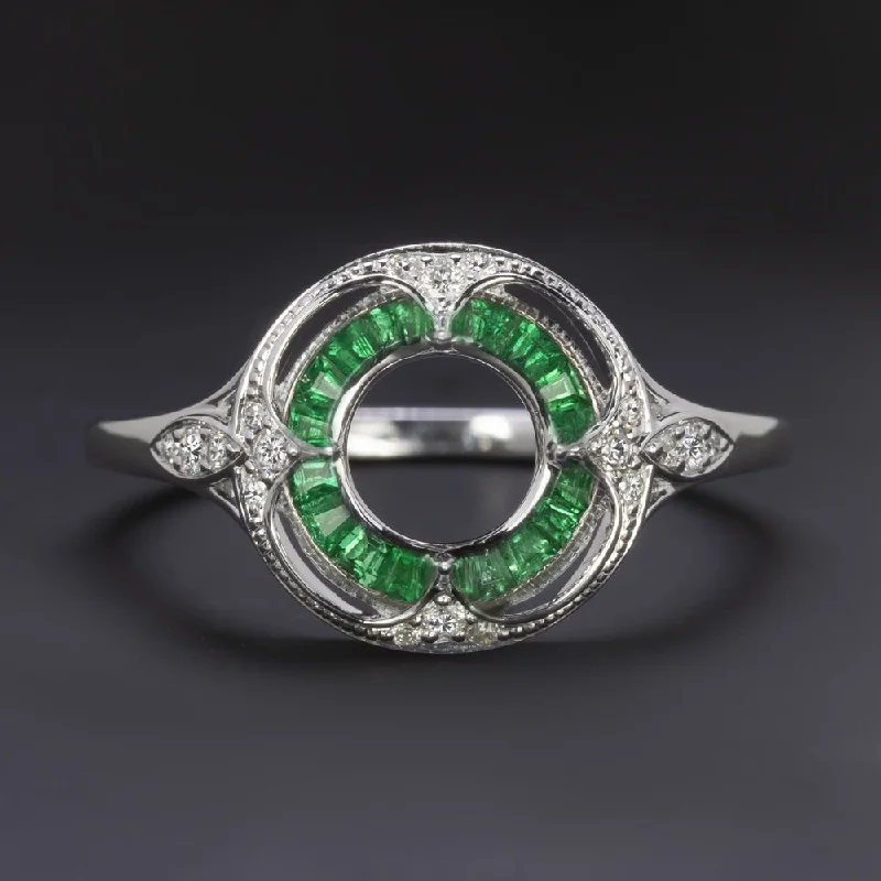 High-End Engagement Rings -EMERALD DIAMOND 6mm ROUND ENGAGEMENT RING SETTING VINTAGE STYLE HALO TARGET