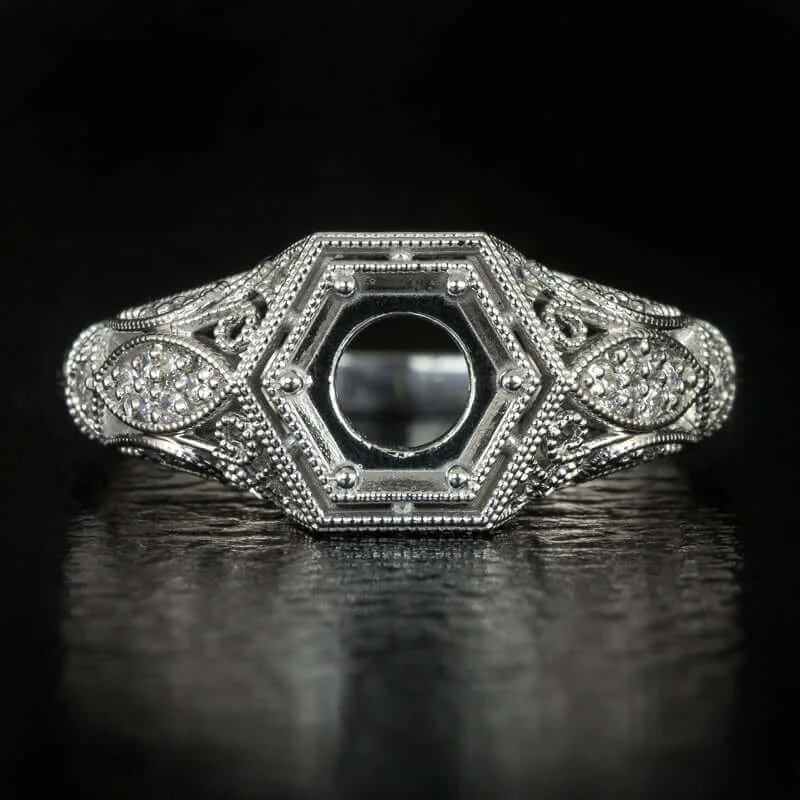 Healing Engagement Rings -ART DECO DIAMOND SEMI MOUNT FILIGREE 6mm ENGAGEMENT RING SETTING VINTAGE STYLE