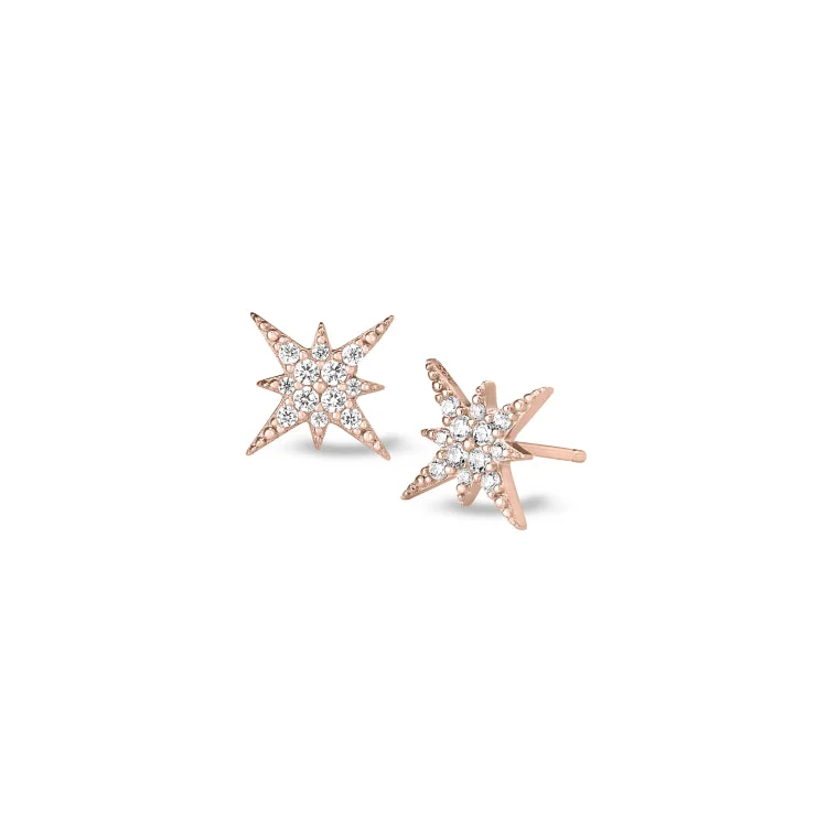 Ladies Balance Earrings -Rose Gold Finish Sterling Silver Micropave Starburst Earrings with Simulated Diamonds