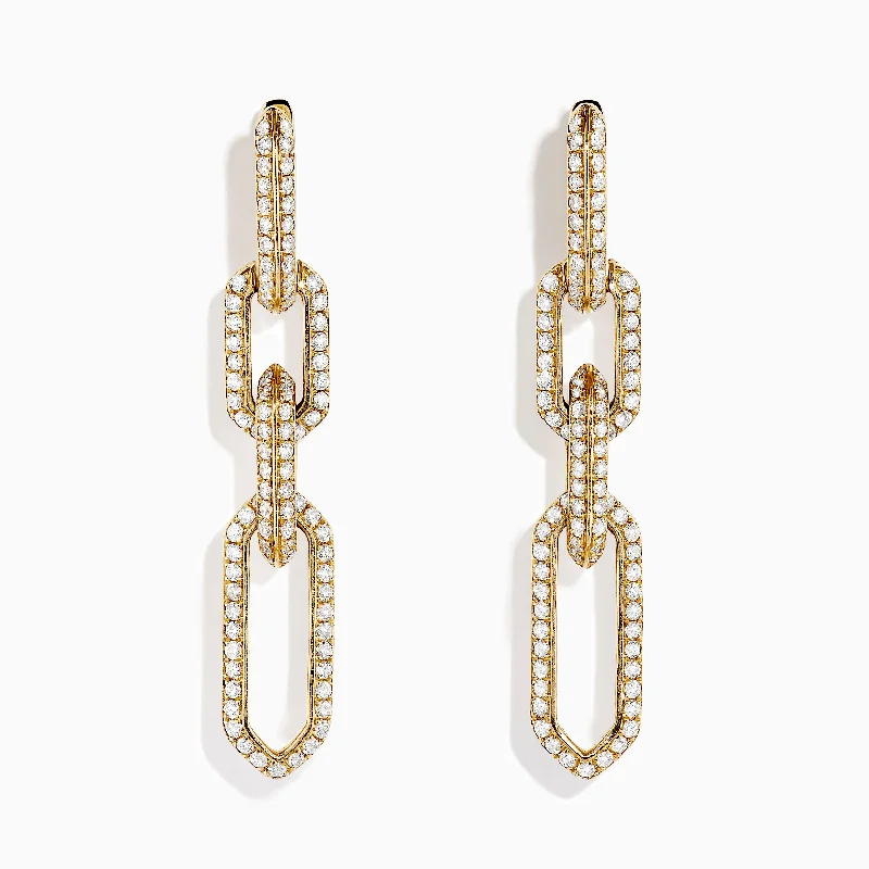 Ladies Edgy Earrings -D'Oro 14K Yellow Gold Chain Link Diamond Drop Earrings