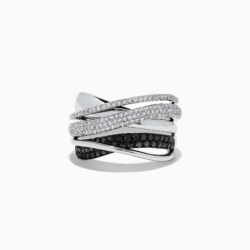 chain-link women's rings -Caviar 14K White Gold White and Black Diamond Crossover Ring