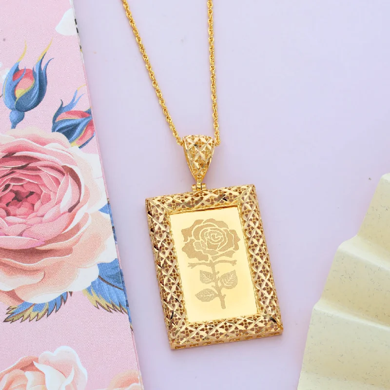 Ladies Crystal Necklaces -rose gold necklaces for women -Gold Necklace (Chain Rectangle Shaped Rose Frame Pendant) 21KT - FKJNKL21KM9618