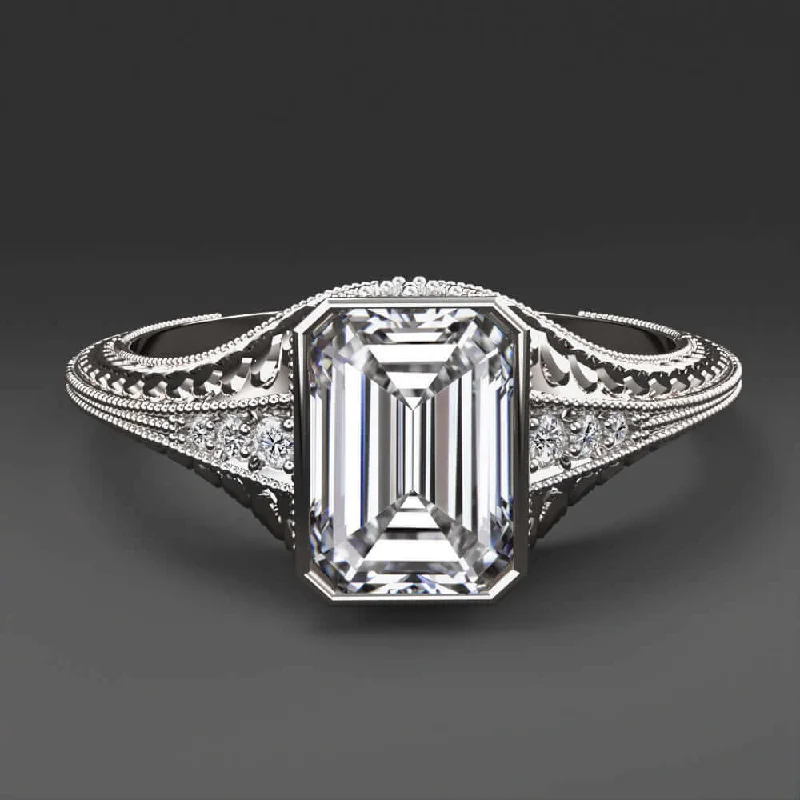 Closed Band Engagement Rings -1.5ct LAB CREATED DIAMOND ENGAGEMENT RING CERTIFIED F VS2 VINTAGE EMERALD CUT