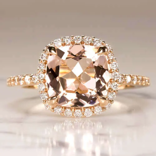 Asymmetrical Engagement Rings -2.6ct PEACH MORGANITE .53ct DIAMOND CUSHION HALO ENGAGEMENT RING ROSE GOLD PAVE