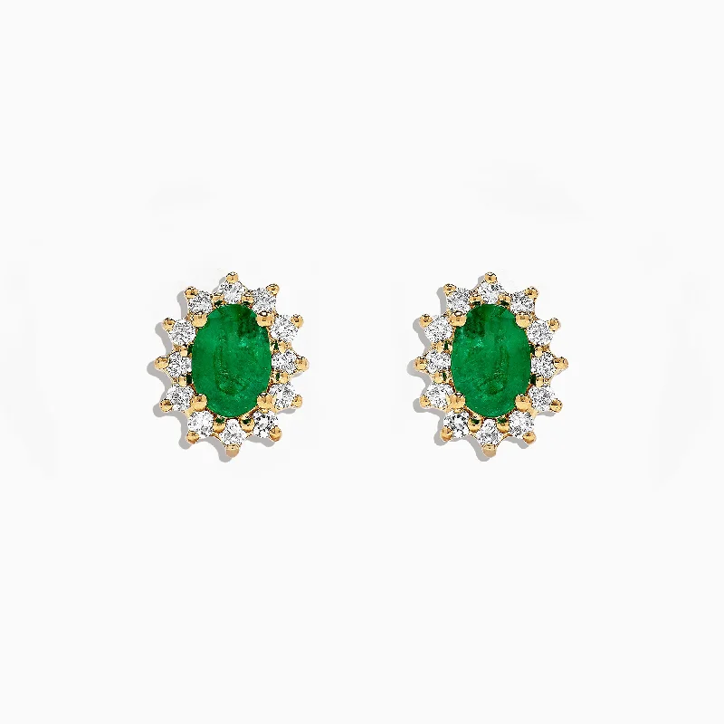 Ladies Polished Earrings -Brasilica 14K Yellow Gold Emerald and Diamond Stud Earrings, 1.99 TCW