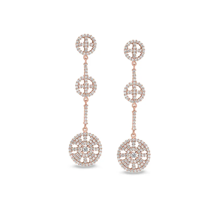 Ladies Celestial Earrings -Rose Gold Finish Sterling Silver Micropave Three Circle Drop Earrings with Simulated Diamonds