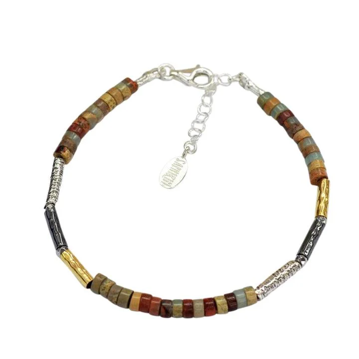 Ladies Bracelets with Jeremejevite-Gold Vermeil Sterling Silver Three Colour Jasper Tube Bracelet