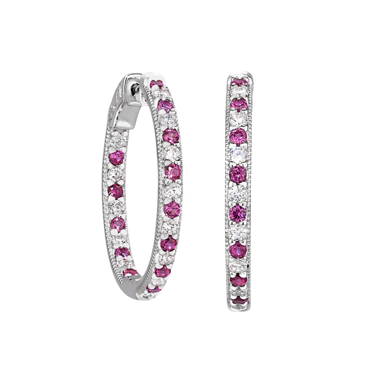 Ladies Victorian Earrings -Platinum Finish Sterling Silver Micropave Hoop Earrings with Simulated Rubies and Simulated  Diamonds