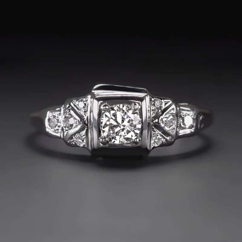 Filigree Engagement Rings -ART DECO DIAMOND COCKTAIL RING 14k WHITE GOLD OLD TRANS CUT VINTAGE ENGAGEMENT