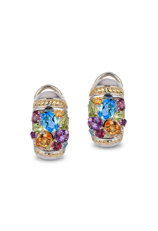 Ladies Gold Earrings -925 Sterling Silver & 18K Gold Multi Gemstone Earrings, 4.70 TCW