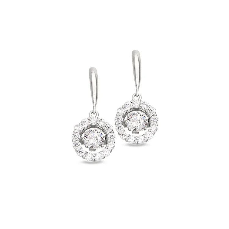 Ladies Summer Earrings -Platinum Finish Sterling Silver Micropave Dancing Stone Round Drop Earrings with Simulated Diamonds