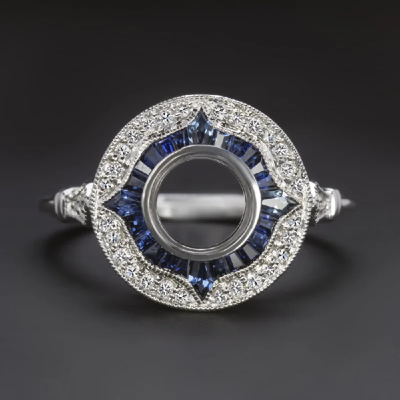 Sparkly Engagement Rings -SAPPHIRE DIAMOND 6.5mm ROUND ENGAGEMENT RING SETTING VINTAGE STYLE HALO TARGET