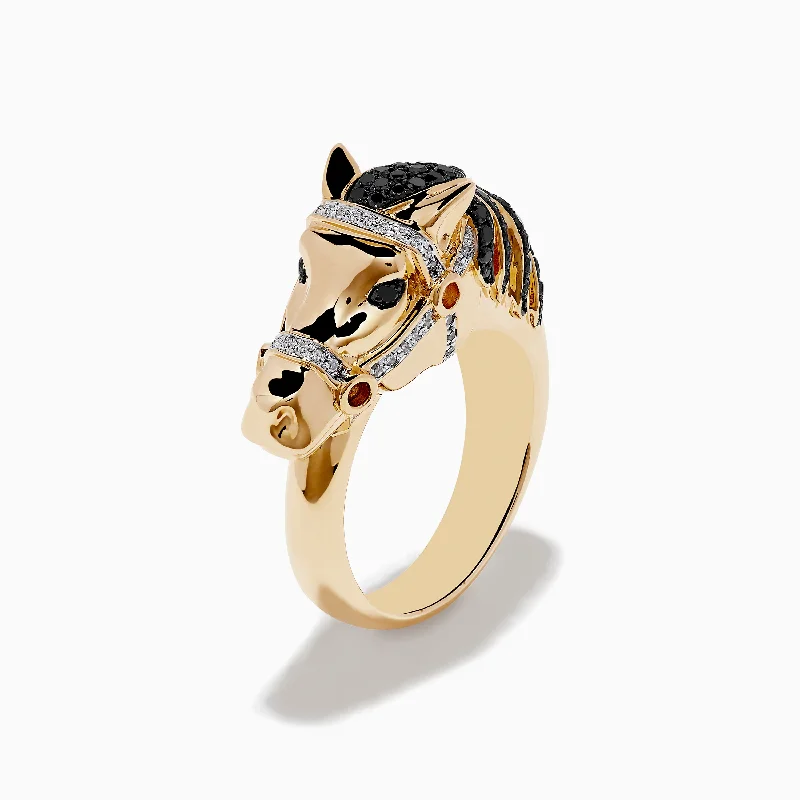 cushion-cut women's rings -Safari 14K Yellow Gold Black Diamond Horse Ring