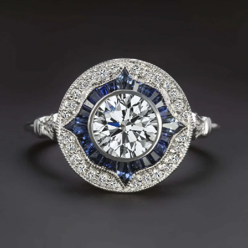 Steampunk Engagement Rings -1ct LAB CREATED DIAMOND SAPPHIRE ENGAGEMENT RING CERTIFIED HALO VINTAGE STYLE