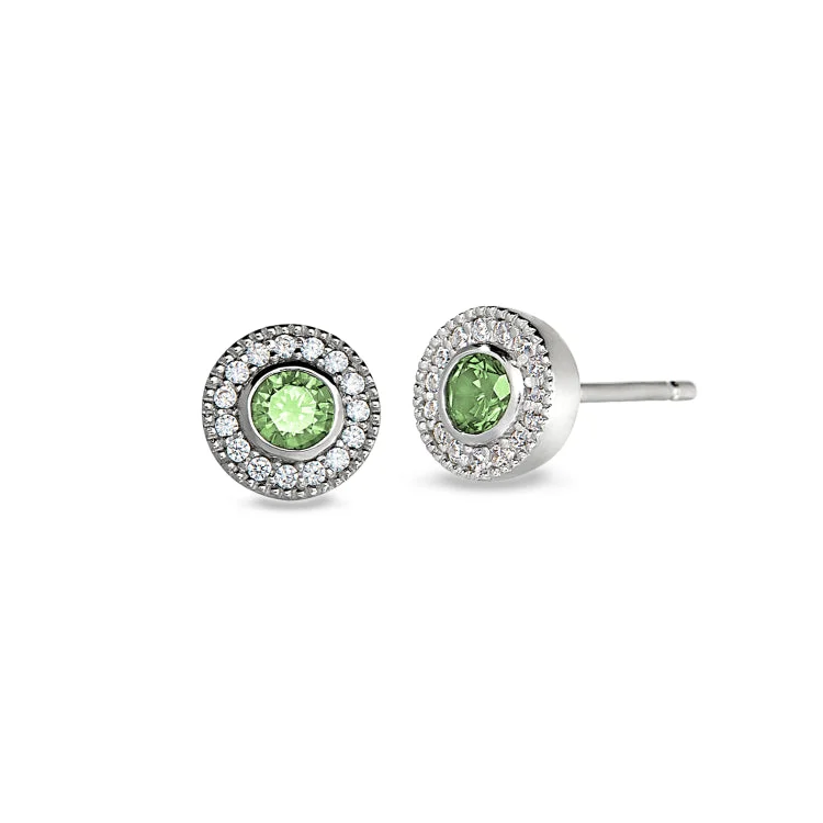 Ladies Winter Earrings -Platinum Finish Sterling Silver Micropave Round Simulated Peridot Earrings with Simulated Diamonds