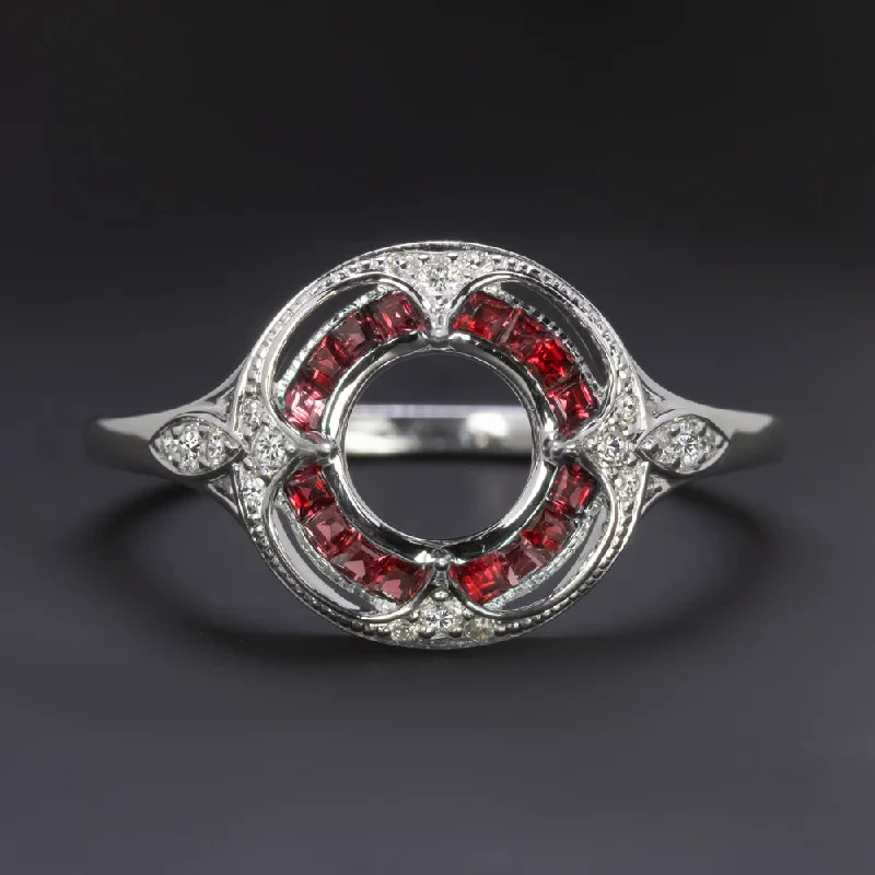 Round Cut Engagement Rings -RUBY DIAMOND 6mm ROUND ENGAGEMENT RING SETTING VINTAGE STYLE HALO TARGET MOUNT