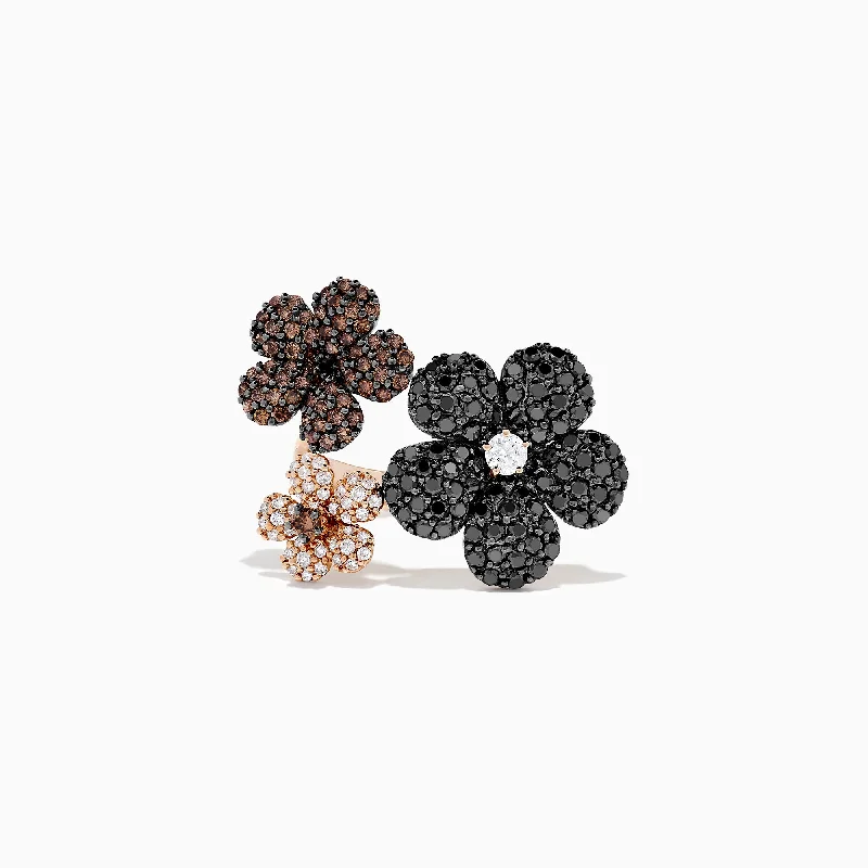 sun and moon women's rings -14K Rose Gold Black, Espresso & White Diamond Flower Ring, 2.47 TCW