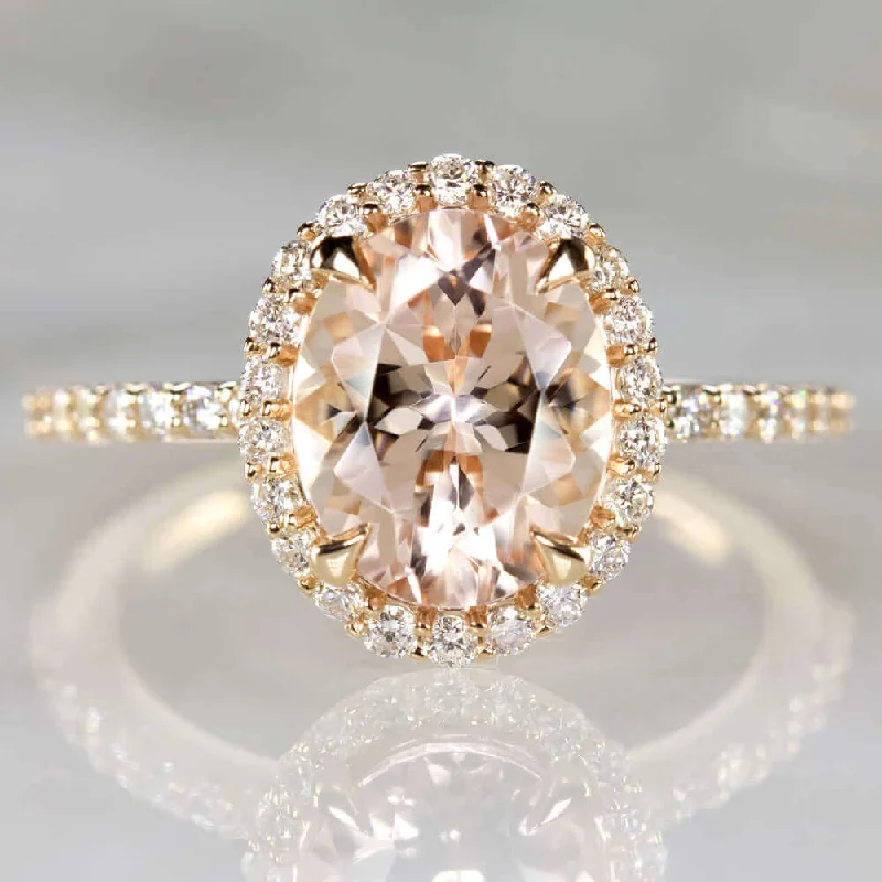 Knife Edge Engagement Rings -2.3c OVAL CUT HALO MORGANITE .40c DIAMOND ENGAGEMENT RING PINK ROSE GOLD NATURAL