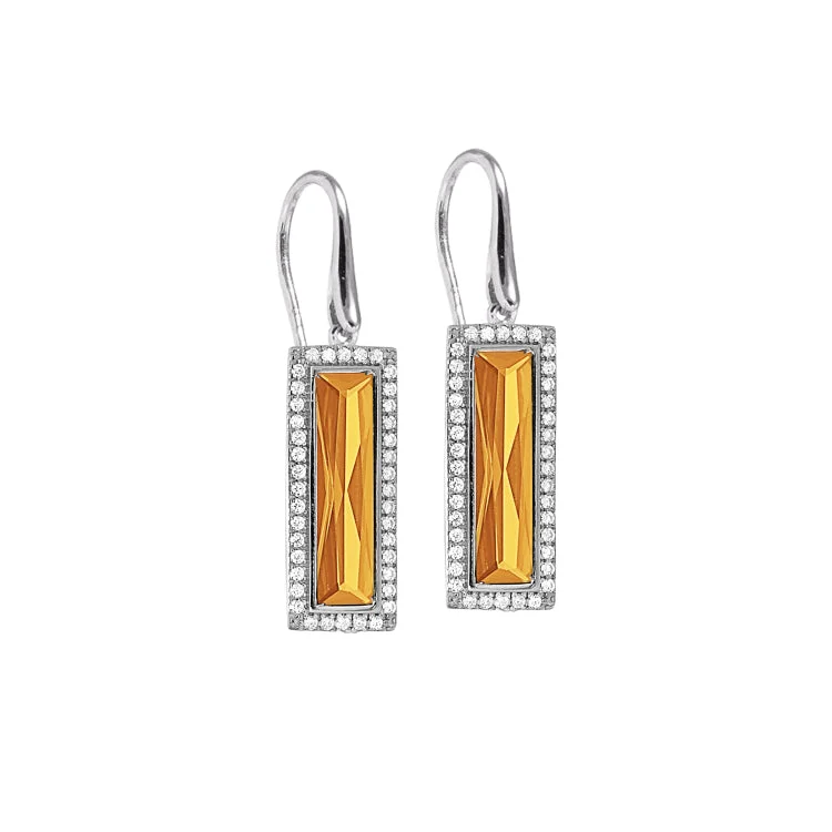 Ladies Healing Earrings -Rhodium Finish Sterling Silver Earrings with Rectangular Simulated Citrine Stones and Simulated Diamonds