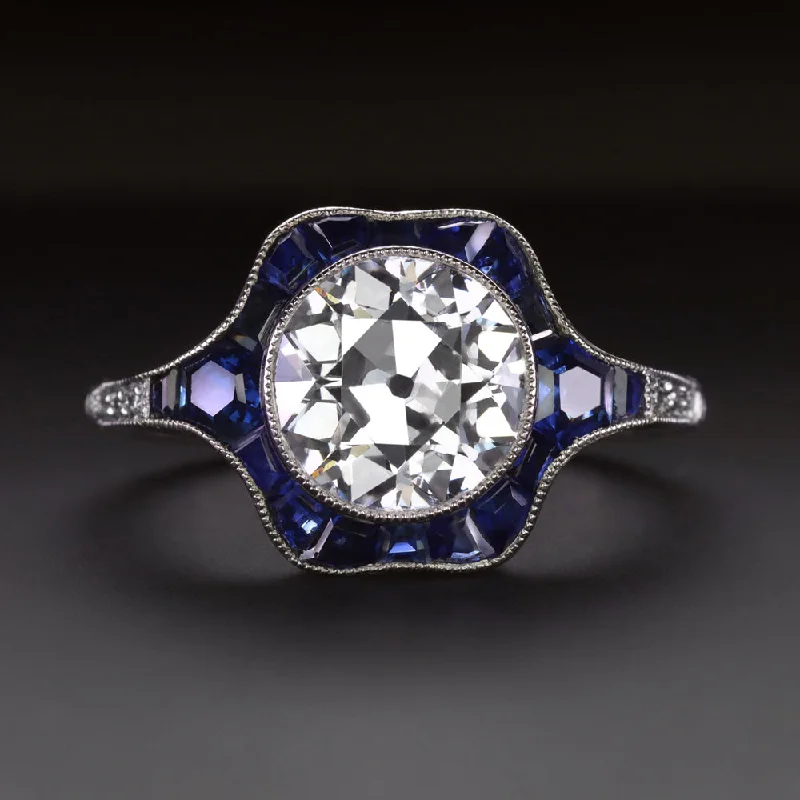 Spiritual Engagement Rings -2 CARAT OLD EUROPEAN CUT DIAMOND ENGAGEMENT RING SAPPHIRE PLATINUM VINTAGE STYLE