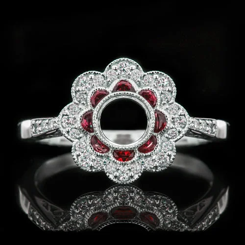 Happiness Engagement Rings -VINTAGE NATURAL RUBY DIAMOND DOUBLE HALO MOUNTING ROUND ENGAGEMENT RING SETTING