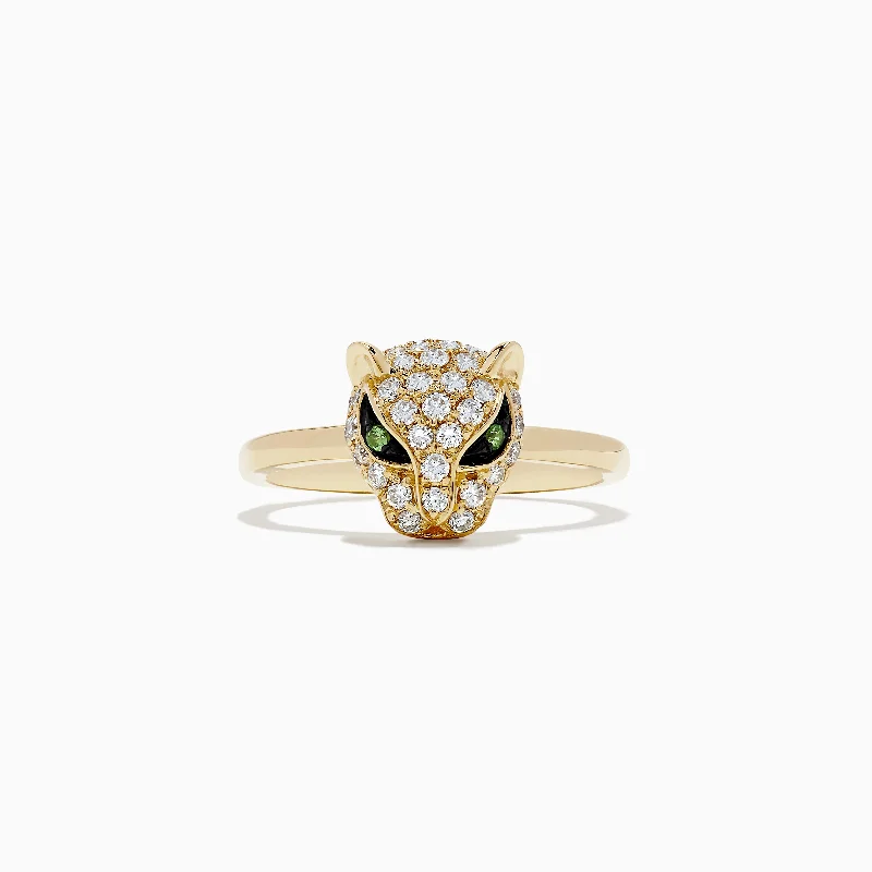 waterproof women's rings -Signature 14K Yellow Gold Diamond and Tsavorite Panther Ring, 0.47 TCW