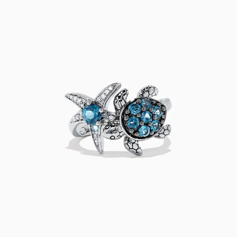 solitaire women's rings -Seaside S. Silver Topaz & Diamond Turtle and Starfish Ring, 1.06 TCW