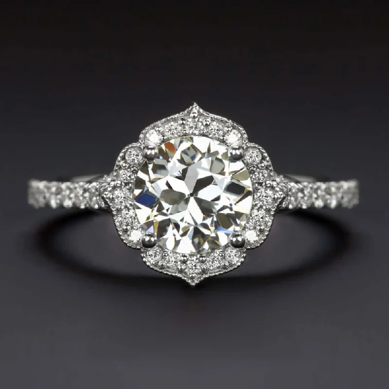 High-End Engagement Rings -1.5ct CERTIFIED VS1 OLD CUT DIAMOND ENGAGEMENT RING SCALLOPED HALO VINTAGE STYLE