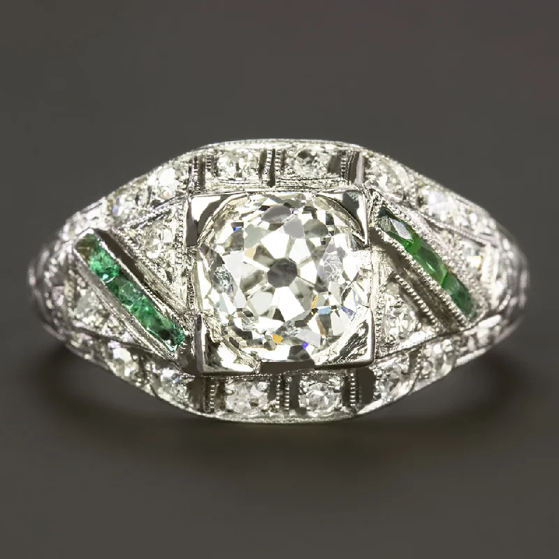 Name Engagement Rings -VINTAGE DIAMOND ENGAGEMENT RING 1.30ct GIA CERT OLD MINE CUT PLATINUM EMERALD