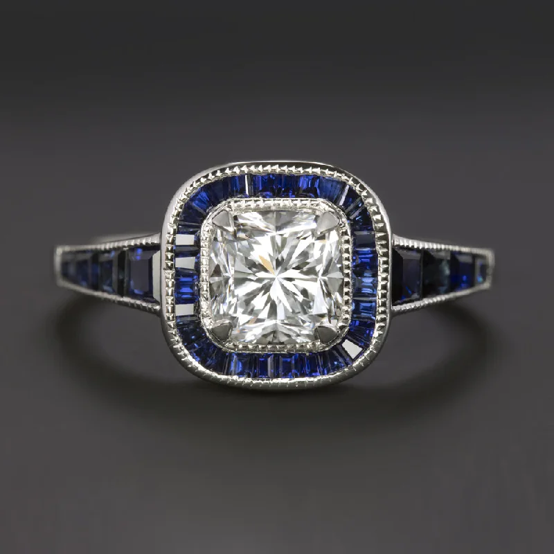 Dainty Engagement Rings -1 CARAT DIAMOND SAPPHIRE ENGAGEMENT RING VINTAGE STYLE CALIBRE HALO CUSHION CUT