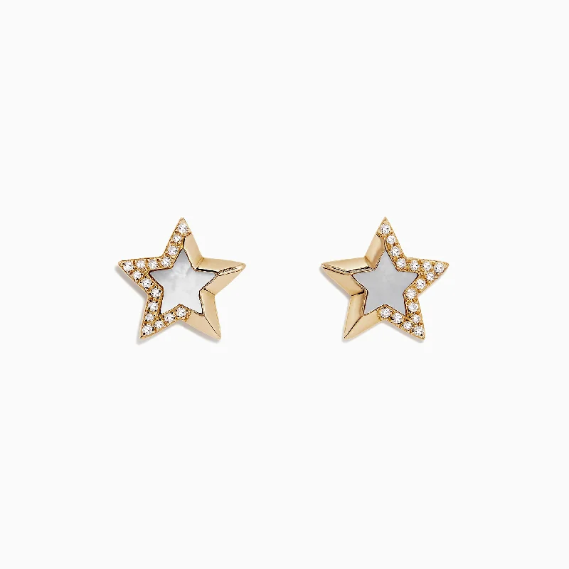 Ladies Feather Earrings -Novelty 14K Gold Mother of Pearl and Diamond Star Earrings, 0.11 TCW