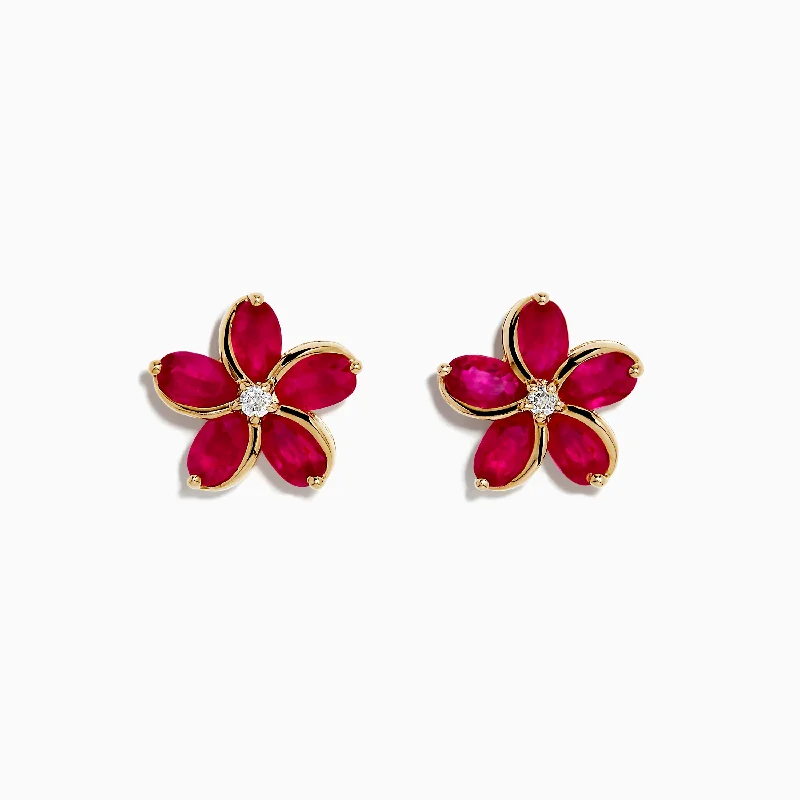 Ladies Tropical Earrings -Ruby Royale 14K Yellow Gold Ruby and Diamond Flower Earrings