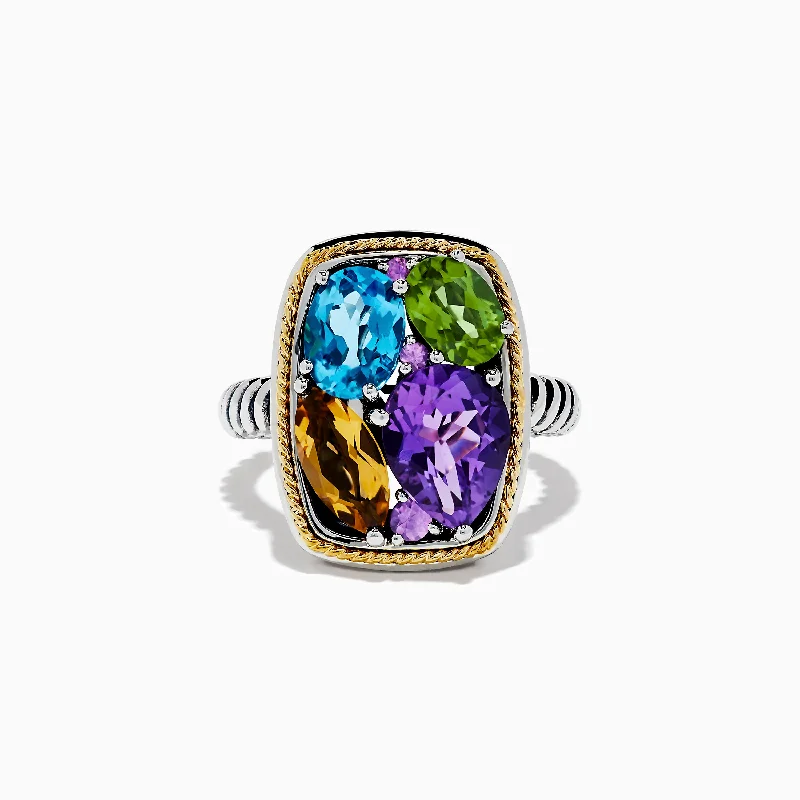 designer women's rings -Mosaic 925 Sterling Silver & 18K Gold Multi Color Ring