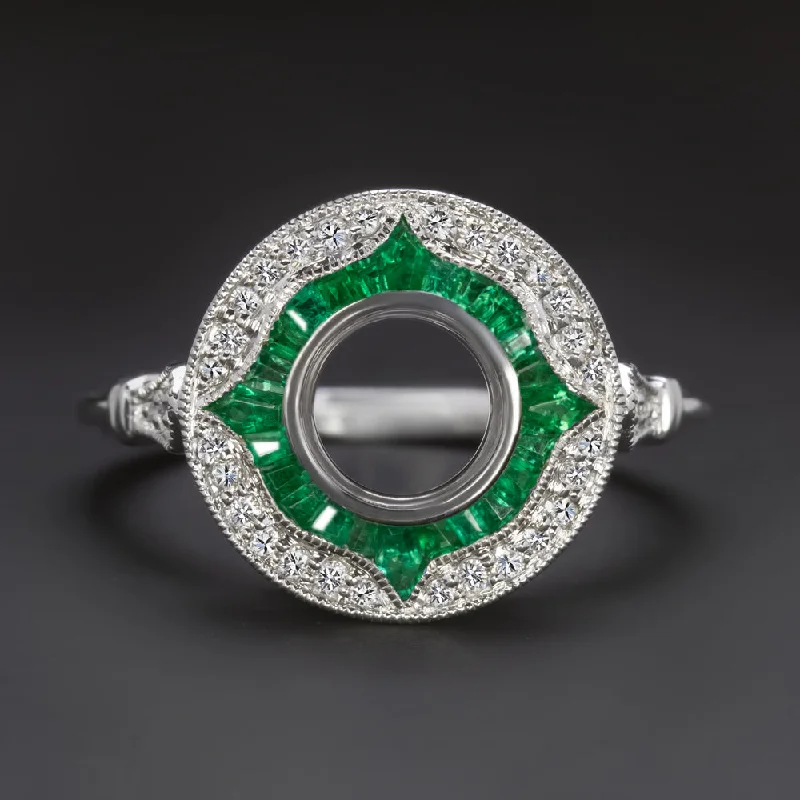 Oxidized Engagement Rings -EMERALD DIAMOND 6.5mm ROUND ENGAGEMENT RING SETTING VINTAGE STYLE HALO TARGET