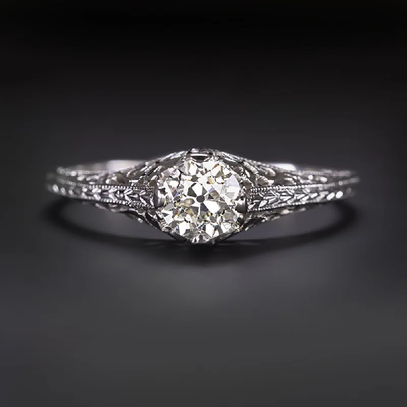 Statement Engagement Rings -ART DECO DIAMOND ENGAGEMENT RING 0.48ct OLD EUROPEAN CUT 18k WHITE GOLD VINTAGE