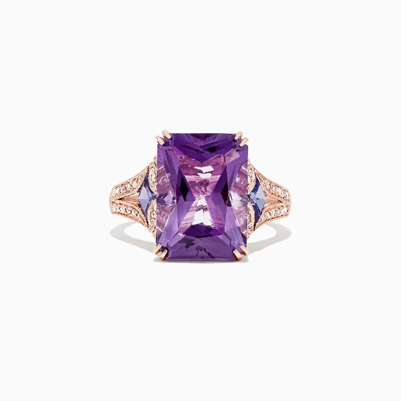 arthritis relief women's rings -14K Rose Gold Amethyst, Tanzanite and Diamond Cocktail Ring, 7.60 TCW