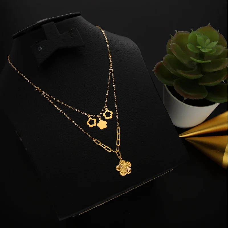 Ladies Silk Necklaces -cat lover necklaces -Gold Double Layered Necklace (Chain With Flower Shaped Pendant) 21KT - FKJNKL21KM9896