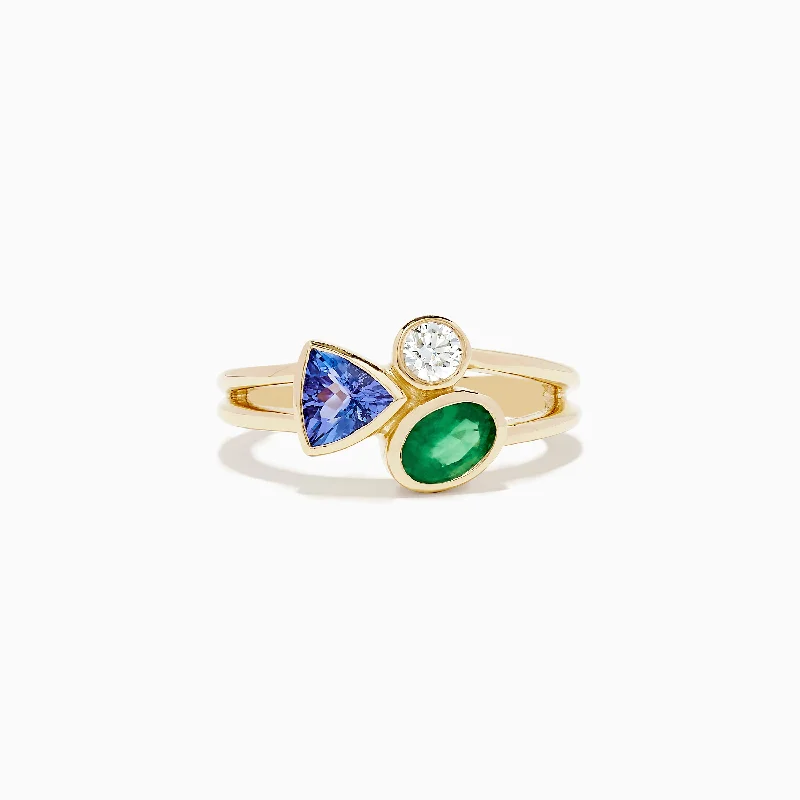 chakra women's rings -14K Yellow Gold Tri Stone Diamond, Emerald and Tanzanite Ring