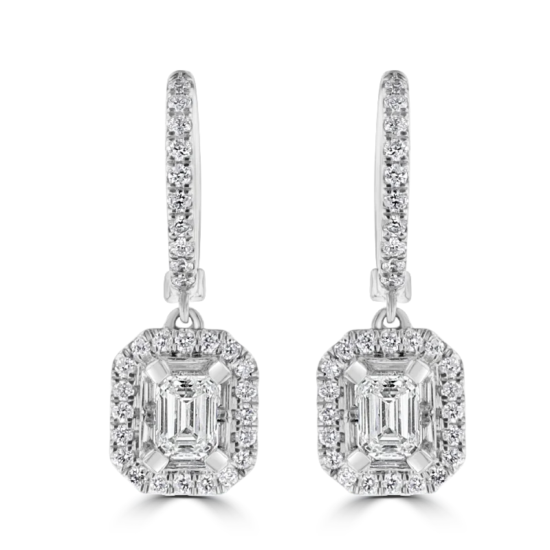 Ladies Fantasy Earrings -18KT WHITE GOLD 1.23 CTW DIAMOND HALO DROP EARRINGS