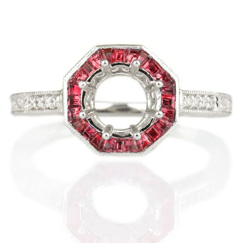 Galaxy Engagement Rings -VINTAGE STYLE RUBY HALO DIAMOND SEMI-MOUNT ENGAGEMENT RING ROUND SETTING 14K WG